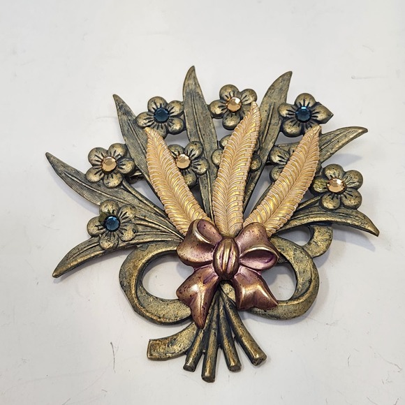 Brushed Silver Tone Flower Bouquet Brooch Pin Vintage Pink Enamel Crystal Accent - Picture 1 of 5